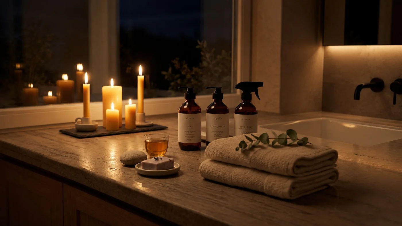 Baño en penumbra con velas encendidas, toallas dobladas y los frascos allpaka de jabón, crema corporal y home spray sobre el mesón