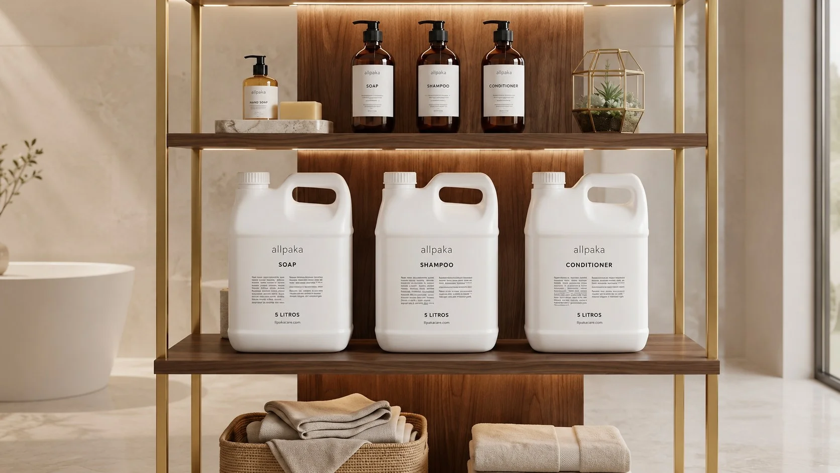 Bidones de 5 litros de shampoo, acondicionador y jabón allpaka en una repisa de baño, con los frascos dispensadores en el estante superior